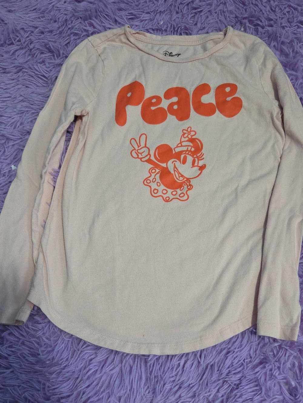 Amazon Essentials Light Pink Long-Sleeve Tee with Orange 'Peace' Minnie Graphic